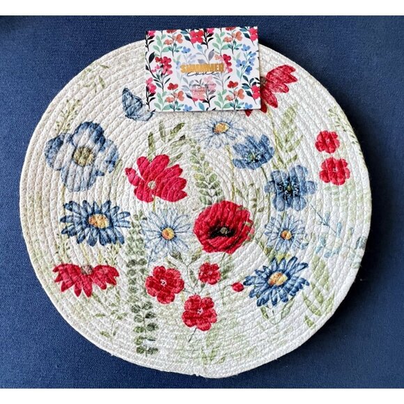 4 pc SUMMER LOVE Braided Placemat Set 15” Rnd Blue Red Poppy Flower Easy Care - Picture 1 of 7